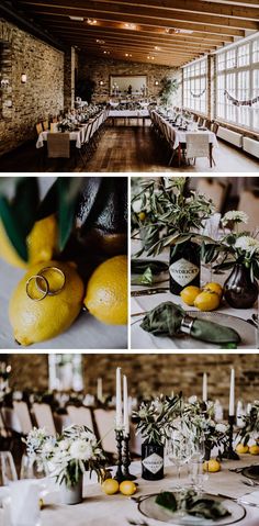 a collage of photos with lemons and greenery on the tables in front of them