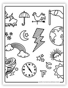 a coloring page with different weather symbols