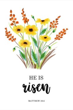 the words he is risen written in black ink on a white background with yellow flowers