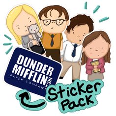 the sticker pack includes an image of three people, one man and two women