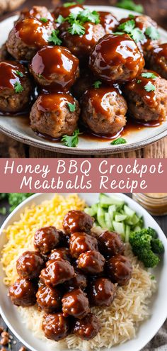 honey bbq crockpot meatballs recipe on a plate with rice and broccoli