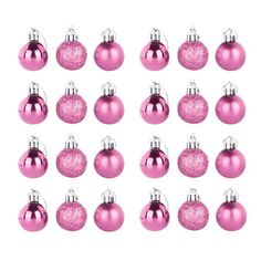 pink christmas ornaments are arranged in rows on a white background