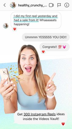 a woman holding up her cell phone and pointing to the screen with an instagram message