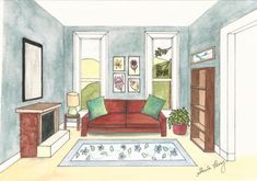 a drawing of a living room filled with furniture