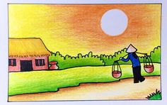 a drawing of a person carrying two buckets in front of a house with the sun behind them