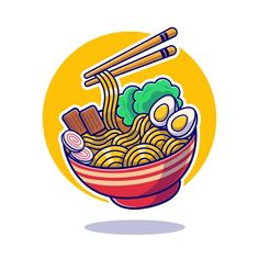 a bowl of noodles with chopsticks and eggs in it, on a yellow background