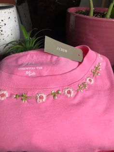 Unlike the real cherry blossoms, these will remain in peak bloom any time you wear this t-shirt! Details: -JCrew Size S cotton tee ( its a loose fitting size small!) -Care: Machine wash inside out in cold water,tumble dry on low if needed Spring Crew Neck Tops With Floral Embroidery, Casual Crew Neck T-shirt With Floral Applique, Spring Casual T-shirt With Floral Applique, Spring Embroidered Top For Everyday Wear, Embroidered Tops For Everyday Spring Wear, Summer Floral Applique T-shirt With Crew Neck, Cute Embroidered Graphic Tops For Spring, Summer Floral Applique Crew Neck T-shirt, Summer Crew Neck T-shirt With Floral Applique