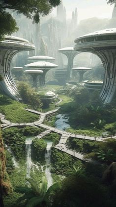 a futuristic city surrounded by trees and water