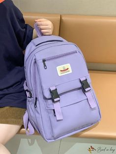 BirdinBag - Functional Backpack with Letter Patch and Release Buckle Decoration Casual Large Capacity Purple Backpack, Casual Purple Backpack For Students, Casual Purple Student Backpack, Casual Purple Backpack For Daily Use, Casual Purple Backpack For School, Casual Purple School Backpack, Casual Purple Nylon Backpack, Casual Purple Backpack With Zipper Closure, Casual Purple Backpack