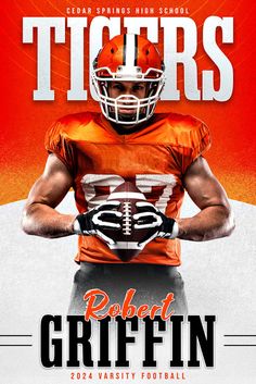 an orange and white poster with a football player