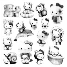 black and white drawing of hello kitty stuffed animals in various poses, sizes and colors