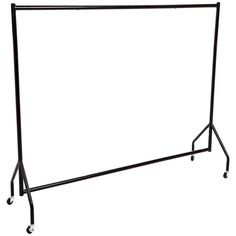 a black garment rack with wheels on it