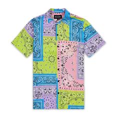 Bandana Paisley Allover Print Short Sleeve Button Shirt Men's Button-Down Shirt Short Sleeve All-Over Print Curved Hem Front Pocket Spread Collar Multicolor Cotton Camp Shirt With Button Closure, Pink Cotton Shirt With Camp Collar, Pink Buttoned Shirt For Vacation, Pink Printed Shirt With Camp Collar, Multicolor Cotton Camp Shirt With Buttons, Summer Bandana Print Short Sleeve Tops, Summer Short Sleeve Tops With Bandana Print, Multicolor Paisley Print Shirt For Spring, Spring Multicolor Paisley Print Shirt