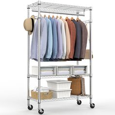 a metal rack with clothes and baskets on wheels for storing folded shirts, sweaters and hats