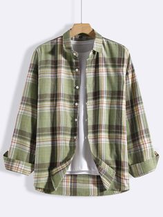 Green Checkered Shirt, Checkered Outfit, Green Preppy, Tartan Shirt, Teen Boy Outfits, American Casual, Mens Flannel Shirt, Fancy Dress Design, Cool Outfits For Men