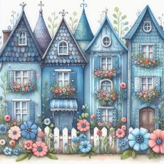 a painting of some houses with flowers on them