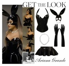 a woman wearing bunny ears and black latex clothing with gloves on her head, in front of an ad for the magazine get the look