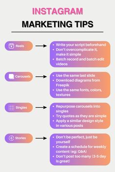 the instagramm marketing tips guide is shown in purple, orange and pink colors