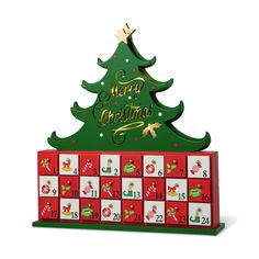 a christmas tree shaped wooden calendar with numbers on the front and sides, sitting in front of a white background