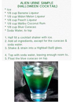 a cocktail recipe for halloween with green and blue liquid