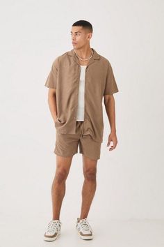 "Minimalist Summer Outfit: Beige Linen Set for Men"Description: "Stay cool and stylish with this minimalist beige linen shirt and shorts set. Ideal for summer outings, offering both comfort and effortless fashion."Tags: #SummerStyle #MensLinenSet #BeigeOutfit #MinimalistFashion #CasualMenswear #SummerVibes Mens Outfit With Shorts, Men’s Honeymoon Clothes, Spring Style Men Casual, Comfy Summer Outfits Men, Streetwear Fashion Men Spring, Florida Men Outfits, Barcelona Mens Fashion, Styling Shorts Men, Men Short Pants Outfit