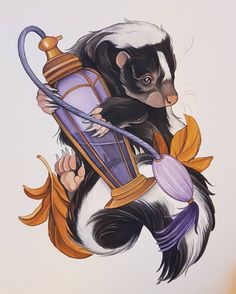 a painting of a skunky holding a lantern