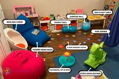 the inside of a child's playroom with toys and accessories on the floor