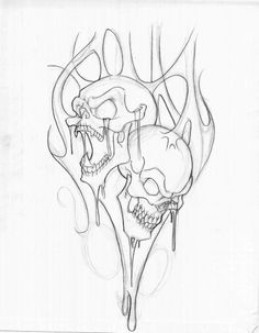 a drawing of two skulls with one skull on it's head and the other in flames