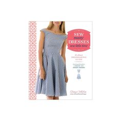 a woman in a blue dress with white polka dots on it and the words sew many