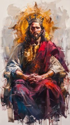 a painting of jesus sitting in a chair with his arms crossed and wearing a crown