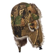 Camouflage Fur Trooper HatMade of 100% cotton.One size fits most with an adjustable plastic snap chin strap, fitting up to XL.Adult/Unisex.Crown measures 7 inches deep.Folded up bill measures 4 inches high.Ear flap measures 5 inches long.Hand washable.Imported. Cotton faux fur lined trooper hat for men and women.Camo designed hat.Faux fur trimming.Crown is lined inside.Ear flaps are faux fur lined.Faux fur bill is attached on the front crown.Our camo fur trooper hat is perfect for winter trips, Winter Hunting Hats With Adjustable Fit, Adjustable Winter Hunting Hat, Brown Military Hat For Hunting, Khaki Military Hat For Hunting, Military Style Khaki Hunting Hat, Khaki Military Style Hunting Hats, Winter Hunting Cap, Military Hunting Hat With Curved Brim, Curved Brim Military Hat For Hunting