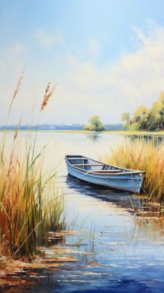 a painting of a boat in the water with reeds and grass around it, on a sunny day