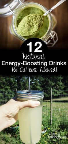 a hand holding a mason jar filled with green liquid and the words 15 natural energy - booster