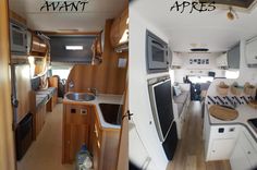 before and after photos of a camper's kitchen