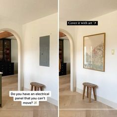 two pictures of the same room in different rooms, one has a painting on the wall