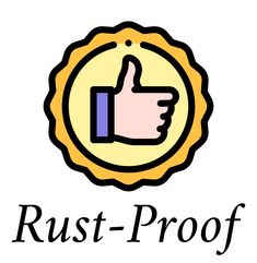 the logo for rust - proof is shown in black and yellow with a thumbs up