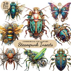 the steampunk insects are all different colors and sizes