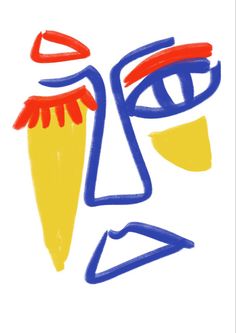 a drawing of a man's face with blue, yellow and red colors