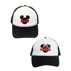 Keep the sun out of your eyes while showing off your fun side at Disneyland. Perfect for any Disney Dad & Mom! > Set Includes: (1) Mickey Mouse Disney Dad Hat Black White Adult Men's Baseball Cap & (1) Disney Women's Minnie Mouse Hat Mom Baseball Cap Black White Red > One Hat features "Dad" with Mickey Mouse signature icon applique embroidered on the front in black and red. > One Hat features "Mom" with Minnie Mouse Icon and signature polka dot bow applique embroidered on the front in black and Backpacks Disney, Minnie Mouse Icon, Kids Tote Bag, Mouse Icon, Bow Applique, Winnie The Pooh Christmas, Disney Mom, White Panel, Men's Baseball Cap