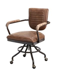 an office chair with casteors and leather upholstered on the armrests