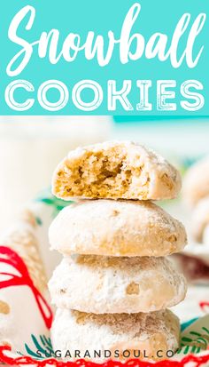 a stack of snowball cookies sitting on top of a plate