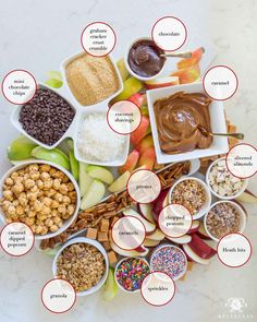 the ingredients for an apple pie are arranged in small bowls and labeled with their names