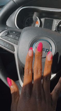 Different Color Nails Pink, Pink Oval French Tip Nails, Hot Pink Tips Acrylic Nails, Hot Pink Design Nails, Pink Nail Inspired, Pink Tip Nails Almond, Hot Pink Oval Nails, Pink Line Nails, Almond Hot Pink Nails