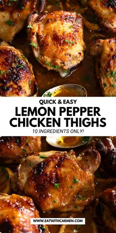 lemon pepper chicken thighs in a skillet with text overlay