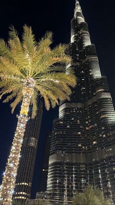 the burj building is lit up at night with palm trees in foreground