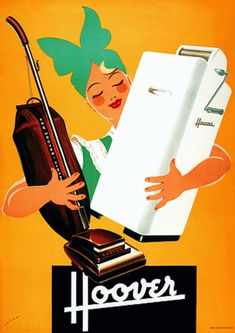 an advertisement for hoover appliances featuring a woman holding a refrigerator