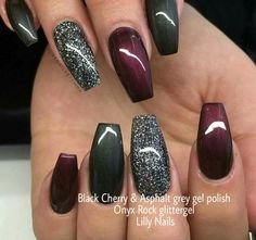 Gray Nail Polish Ideas, Gray And Maroon Nails, Dark Grey Nails Ideas, Maroon And Black Nails Design, Hadestown Nails, Pretty Dark Nails, Trendy Fall Nail Designs 2023, Scarlet And Gray Nails, Charcoal Nail Designs