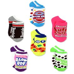 These girl's Yankee Toy Box exclusive Charms Candy sock sets are a great value. These no show style sock sets feature a variety of colors. They contain ribbed-knit cuffs and reinforced heels and toes. There are 6 pairs in each set. Pick a different color or character for each day! These socks are comfortable, fun, and affordable. SIZING - These awesome candy socks come in sock size Small and Medium. Sock size Small (4-6) fits shoe size 7 M US Toddler -10 M US Toddler. Sock size Medium (6-8) fits Fun Socks For Kids, Blow Pop, Teen Socks, Junior Mints, Charms Candy, Blow Pops, Tootsie Roll, Womens Shoe, Pbs Kids