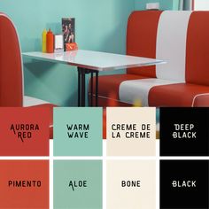 the interior of a restaurant with different colors