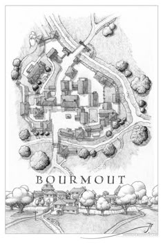 a drawing of a town with trees and buildings on it's map, which reads bourmout